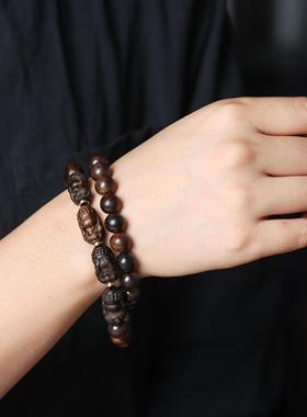 沉香木雕刻四不佛双圈手