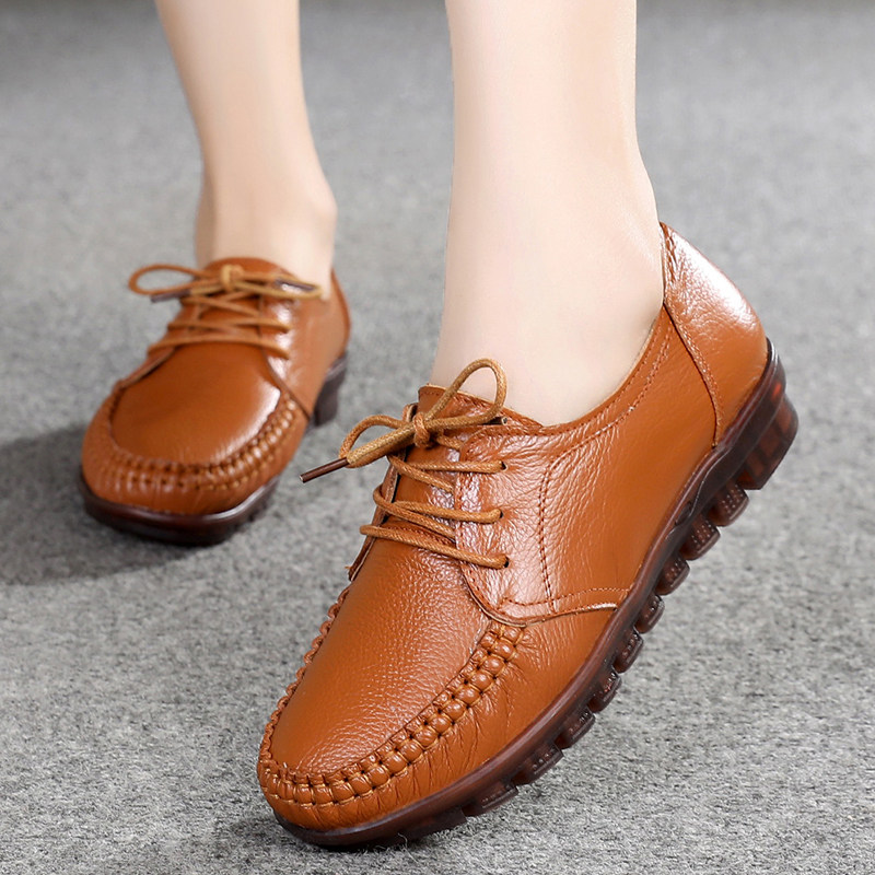 中年妈妈鞋真皮平底系带红色牛筋软底皮鞋春秋舒适百搭休闲单鞋女,淘宝优惠券,粉丝福利购,淘宝优惠卷