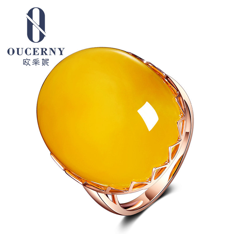 欧采妮18k金镶嵌天然蜜蜡琥珀戒指 oucerny欧采妮手饰