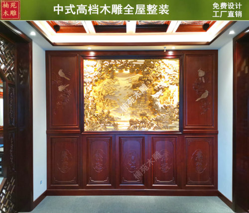 东阳木雕新中式电视背景墙挂件镂空雕花实木花格隔断原木全屋定制 - 图3