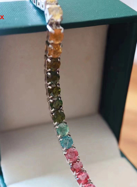 天然碧玺刻面手链纯银镶嵌七彩的旺夫石简单大气女款礼品