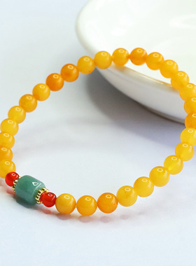 高端天然鸡油黄蜜蜡手串翡翠玛瑙手链古风女士款男真品单圈