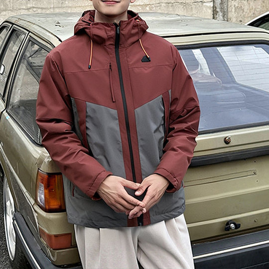 阿迪达斯中长款连帽外套男装新款运动服红色拼接防风衣夹克JE8577