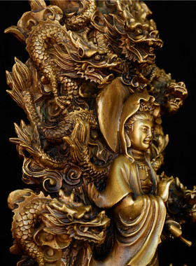 纯铜乘龙观音佛像摆件双龙戏水