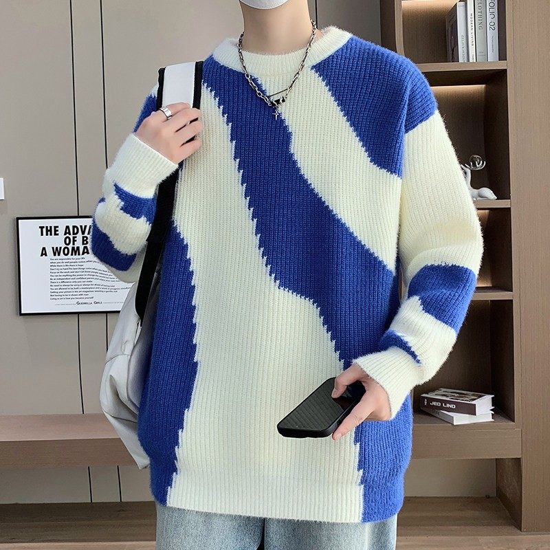 水貂绒条纹麻花毛衣男士秋冬季2025新款针织打底衫宽松保暖毛线衣,淘宝优惠券,粉丝福利购,淘宝优惠卷