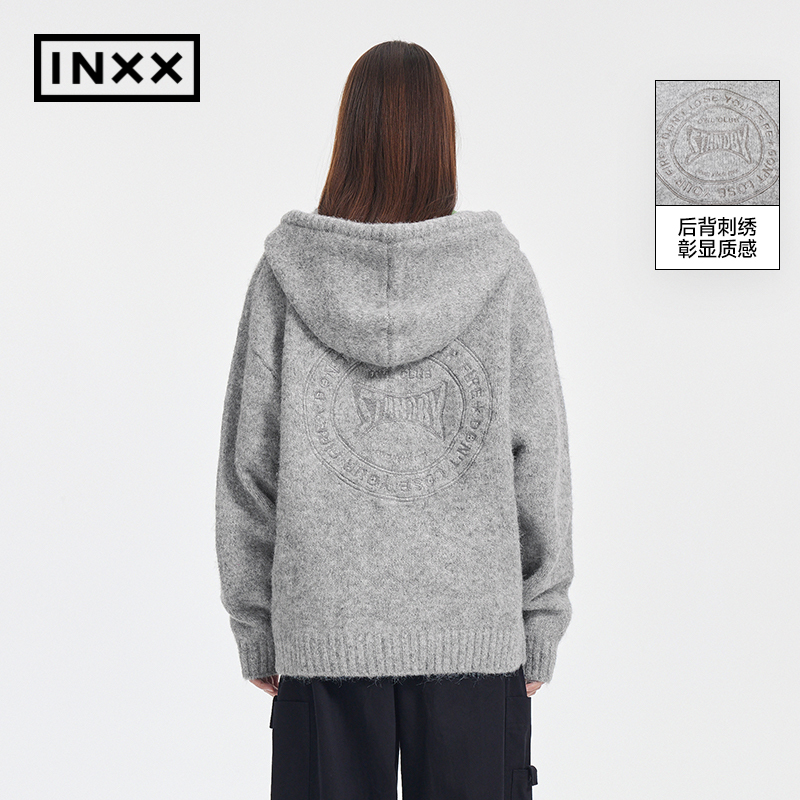 【INXX】Standby 小众慵懒风针织衫女氛围感套头毛衣宽松连帽外套 - 图0