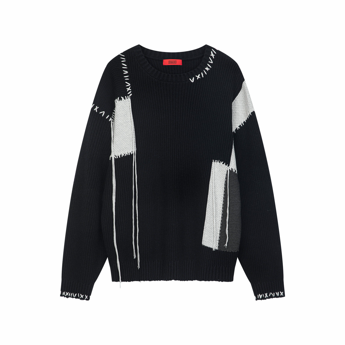 INXX美式休闲拼接针织衫男潮牌手缝线新年红色圆领毛衫上衣情侣,淘宝优惠券,粉丝福利购,淘宝优惠卷