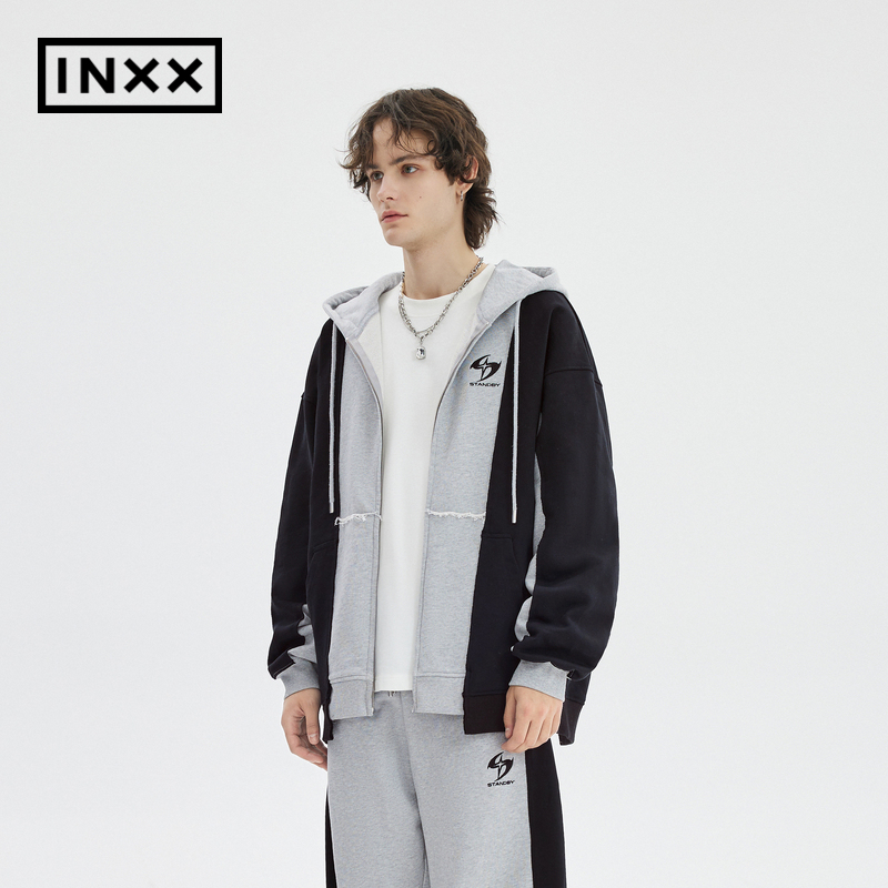 【INXX】Standby 美式运动风连帽卫衣男黑灰撞色拼接开衫外套