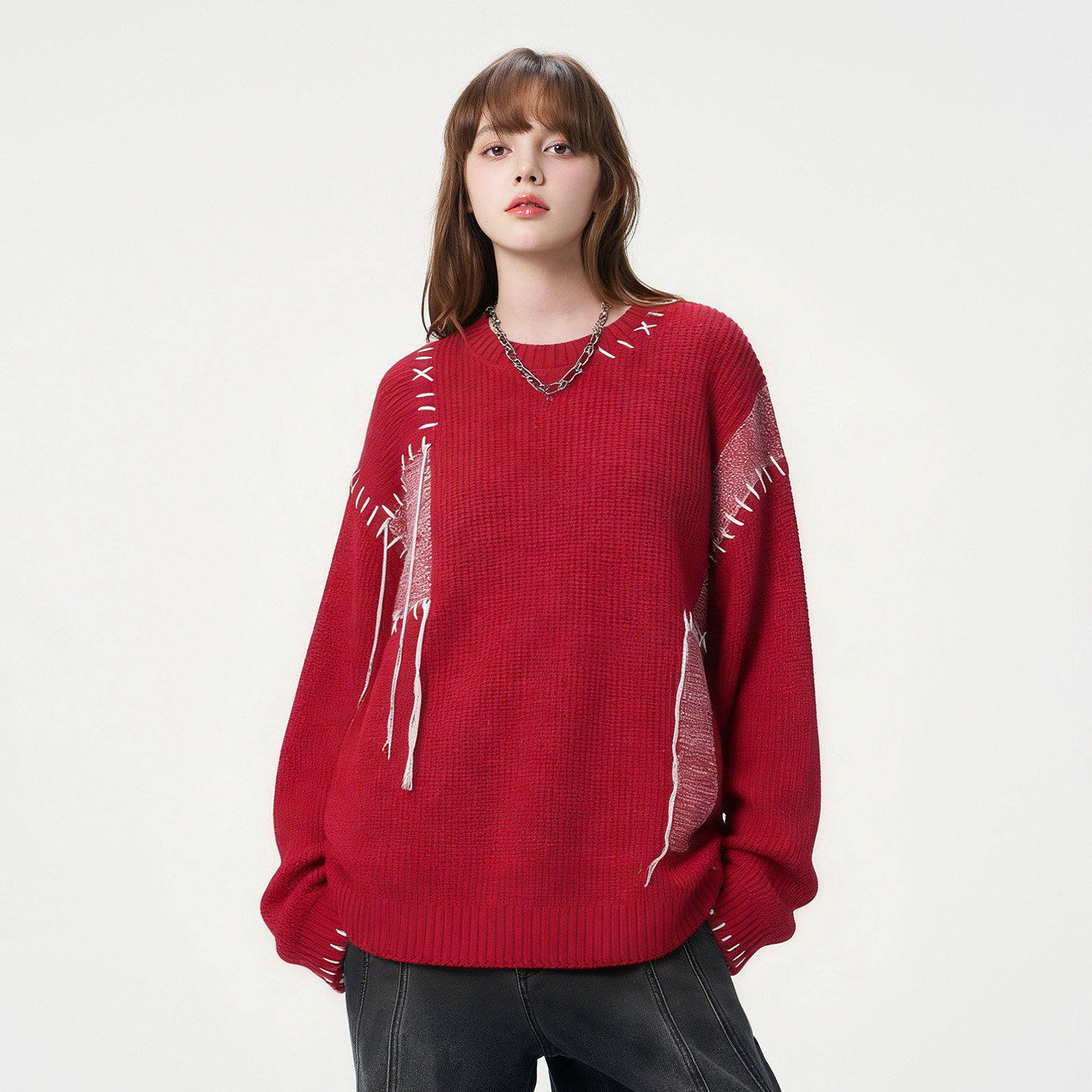 INXX美式休闲拼接针织衫男潮牌手缝线新年红色圆领毛衫上衣情侣,淘宝优惠券,粉丝福利购,淘宝优惠卷