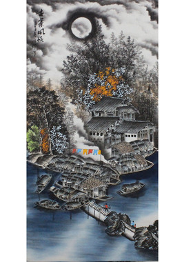 四尺纯手绘国画山水画玄关装饰画月夜风和字画江南水乡竖幅画未裱