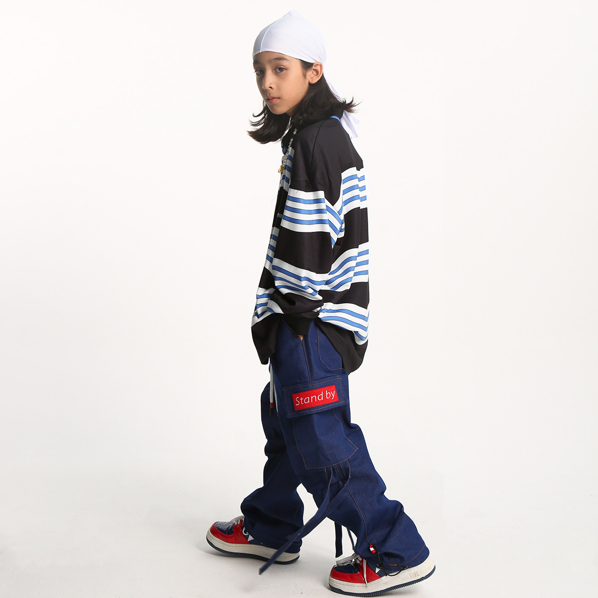 儿童街舞演出服秋冬嘻哈拼色polo衫牛仔裤套装街舞hiphop儿童潮服,淘宝优惠券,粉丝福利购,淘宝优惠卷