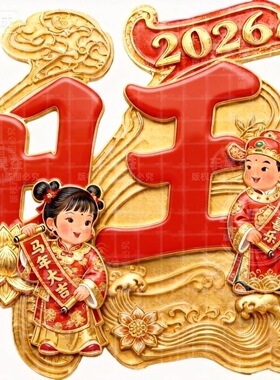 2026马年金童玉女送福创意可爱贴纸卧室客厅玄关门玻璃窗自粘贴画