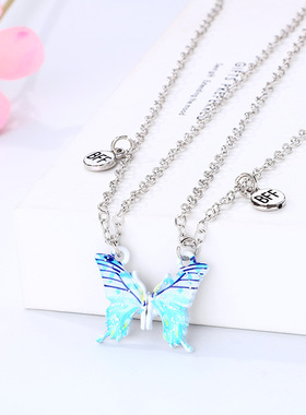 炫丽湖蓝色磁吸蝴蝶项链