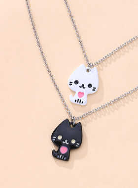 卡通可爱黑白猫咪项链一对