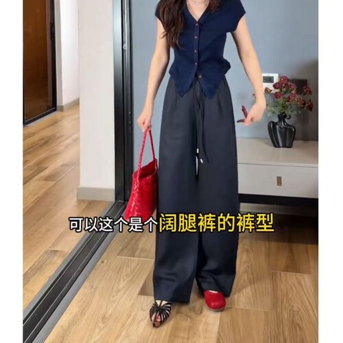 慵懒风天丝亚麻阔腿裤女2026夏季薄款系绳麻料高腰弯刀裤休闲长裤 - 图2