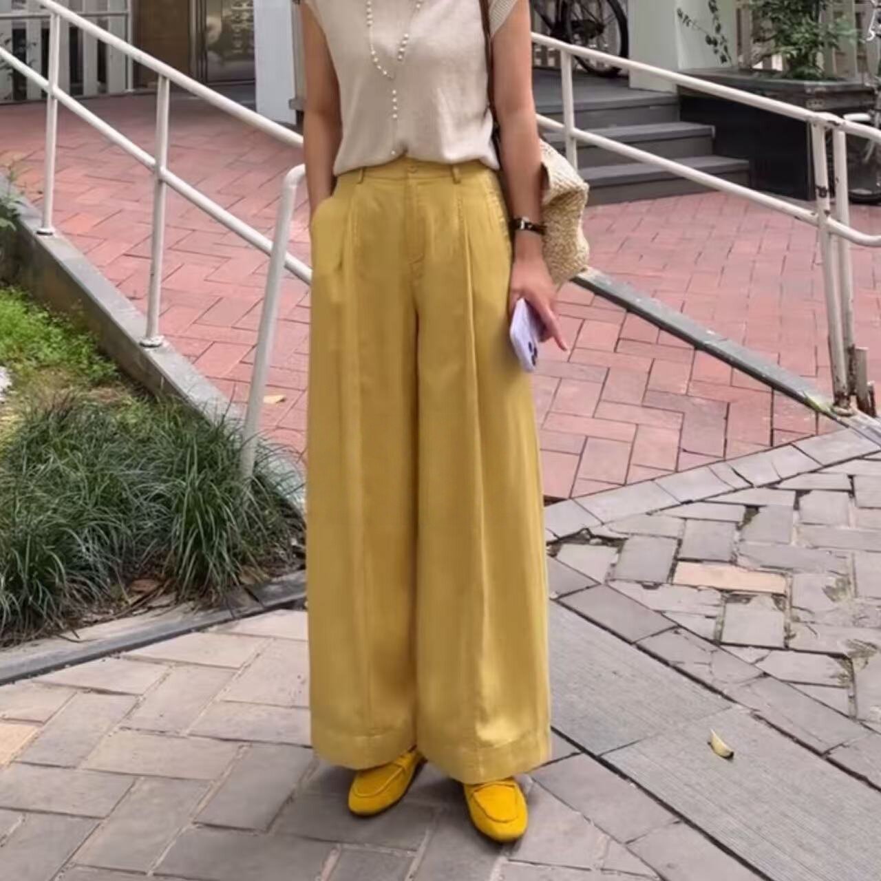 慵懒风天丝亚麻阔腿裤2026夏季薄款绿色麻料裤子百搭高腰休闲裤子