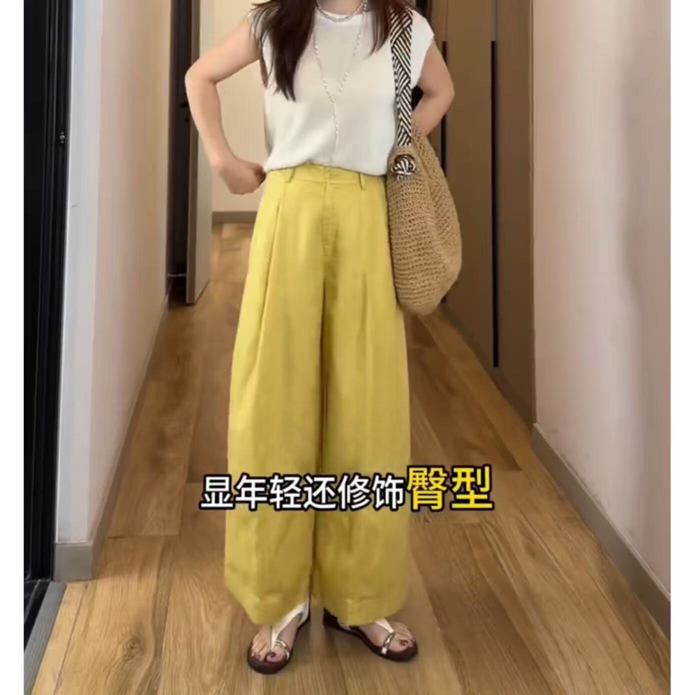 老钱风天丝亚麻阔腿裤女夏季黄色麻料裤子高腰透气吸湿排汗休闲裤