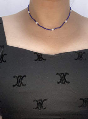 克莱菌蓝尖晶石天然真珍珠沙金融合设计女士颈链毛衣链choker
