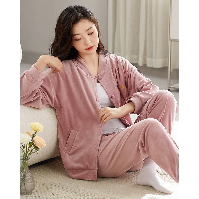 睡衣女冬季加绒珊瑚绒保暖立领可外穿运动海岛绒家居服薄绒秋冬款 - 图0
