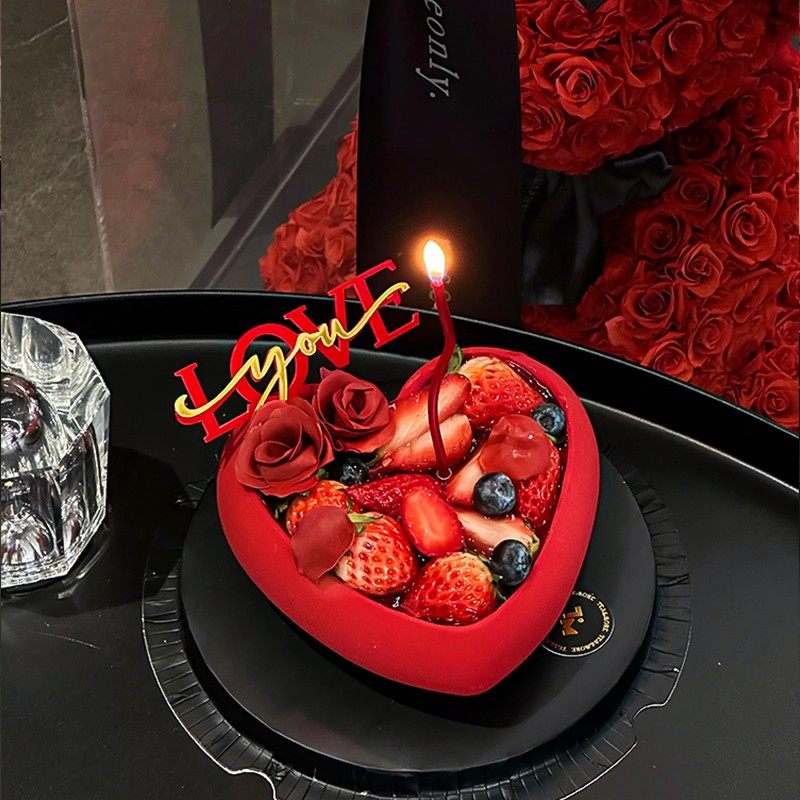 2.14情人节红色爱心草莓蛋糕装饰LOVE亚克力插件爱心甜点慕斯模具