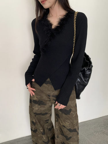 ONE TIME2025冬季新款韩版时尚设计感氛围感兔毛领V领交叉针织衫 - 图1