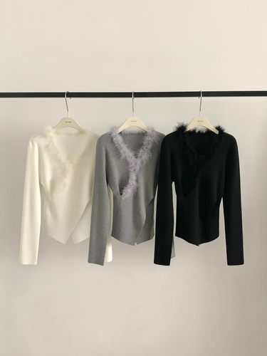 ONE TIME2025冬季新款韩版时尚设计感氛围感兔毛领V领交叉针织衫 - 图2