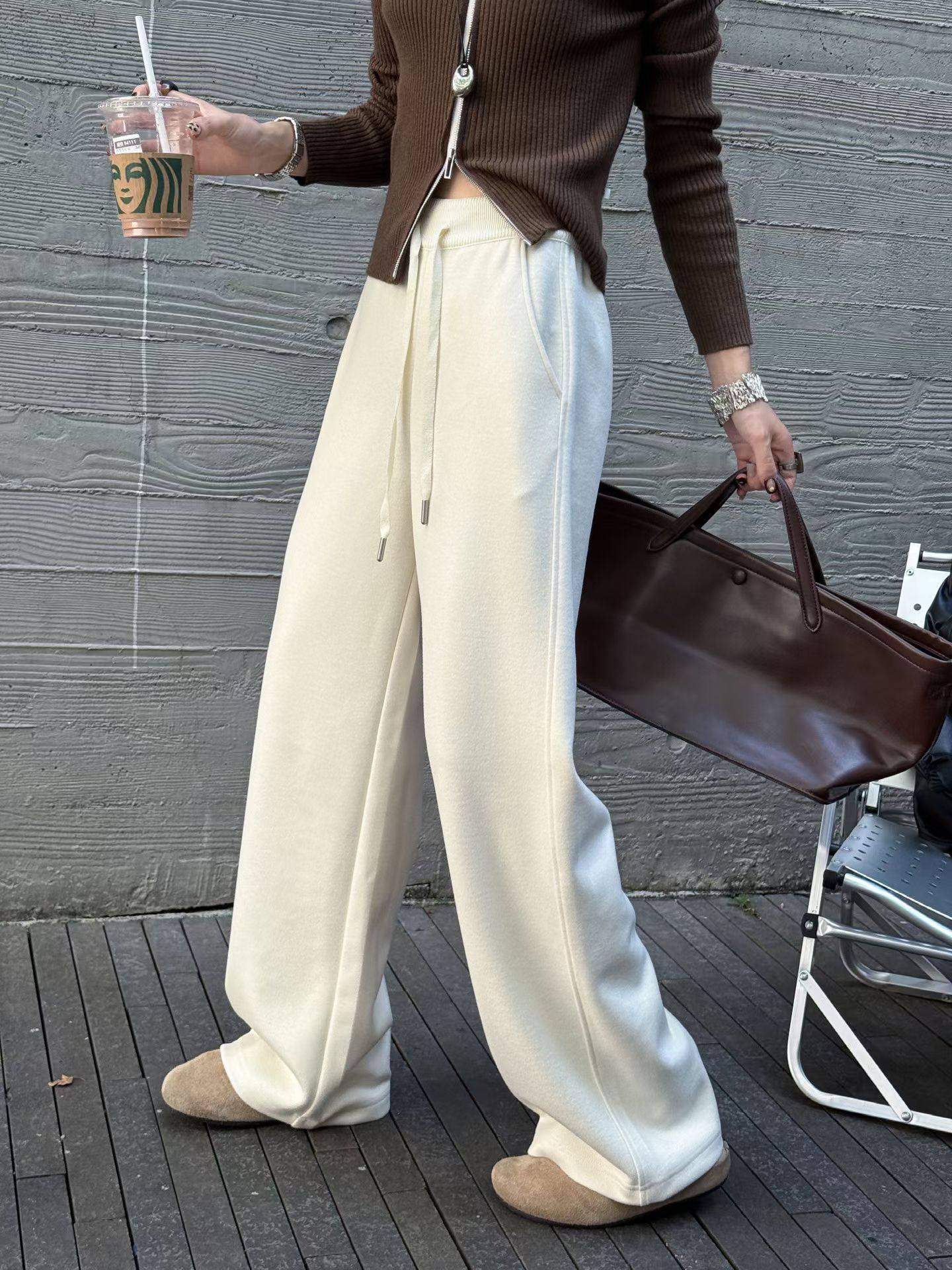 欧洲站2025秋冬新款百搭松紧腰抽绳直筒休闲裤女宽松显瘦阔腿长裤,淘宝优惠券,粉丝福利购,淘宝优惠卷