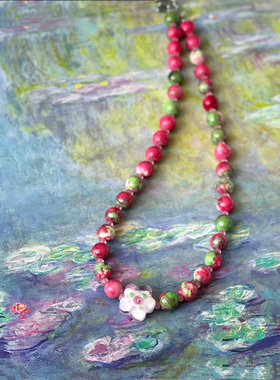 天然雨彩石海棠花未眠项链