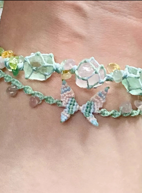 莫奈花园纯手工编织粉水晶绿萤石蝴蝶手链绳创意手串女友礼物网红