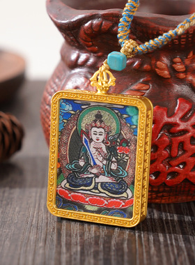 藏族扎基拉姆唐卡方牌项链民族风财神文殊菩萨吊坠女毛衣链配品