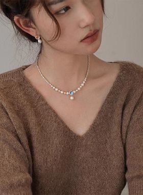 轻奢海蓝色珍珠项链女款2025新款锁骨链颈链高级施家正圆小众配饰