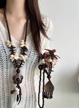 复古波西米亚风长款椰壳串珠海螺项链女小众海滩度假风百搭配饰潮