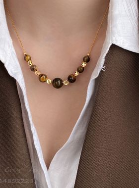 美拉德复古虎眼石项链女2025新款爆款毛衣链高级感小众串珠配饰秋