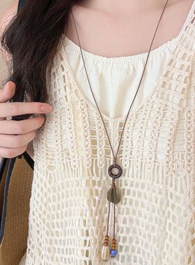 槐叶扶疏_民族风树叶吊坠长款项链女波西米亚衣服配饰复古毛衣链