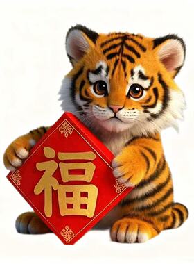 2026仿真海报贴纸可爱小老虎手拿福字画室内家居车身行李箱贴墙