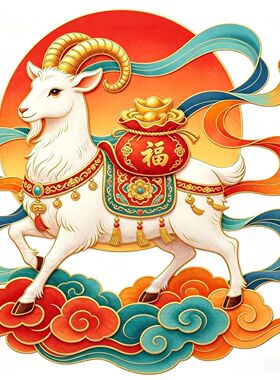 国潮七彩祥云福羊吉祥好运发财有羊自粘画车贴装饰防水自粘贴画