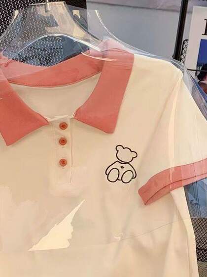 Plus size plus size 300 pounds spliced contrasting color polo collar short-sleeved t-shirt summer small lapel student age-reducing loose top