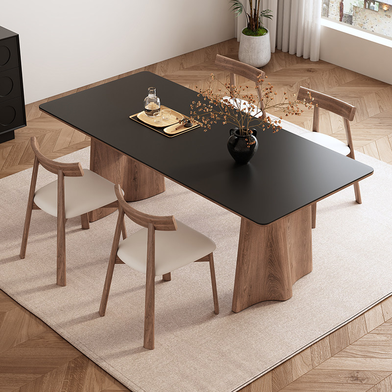 复古黑色岩板餐桌小户型现代简约中古风长方形家用胡桃色实木餐桌,淘宝优惠券,粉丝福利购,淘宝优惠卷