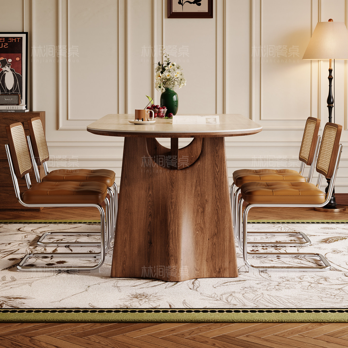 中古风美式洞石岩板餐桌椅半圆岛台家用小户型2025新款长方形桌,淘宝优惠券,粉丝福利购,淘宝优惠卷