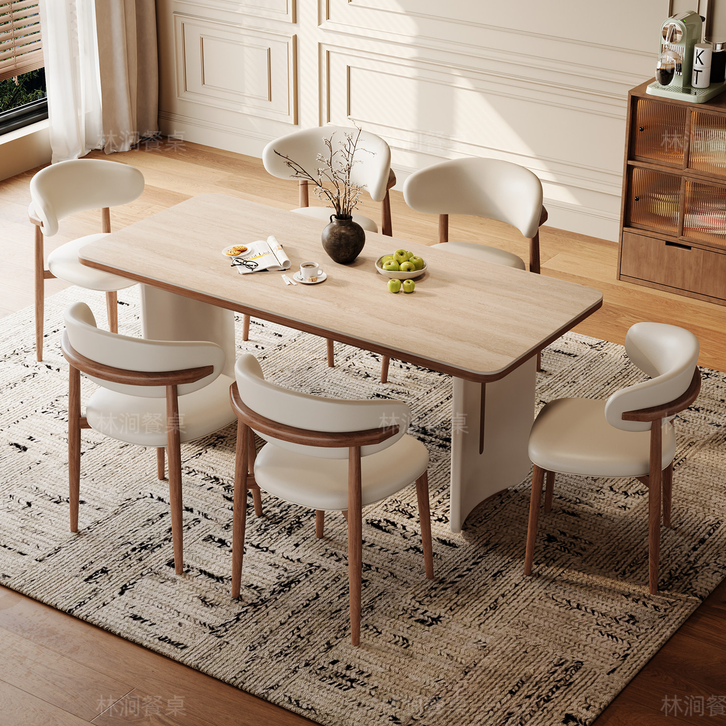 法式中古风实木岩板餐桌椅2025新款洞石家用小户型美式复古奶油系,淘宝优惠券,粉丝福利购,淘宝优惠卷