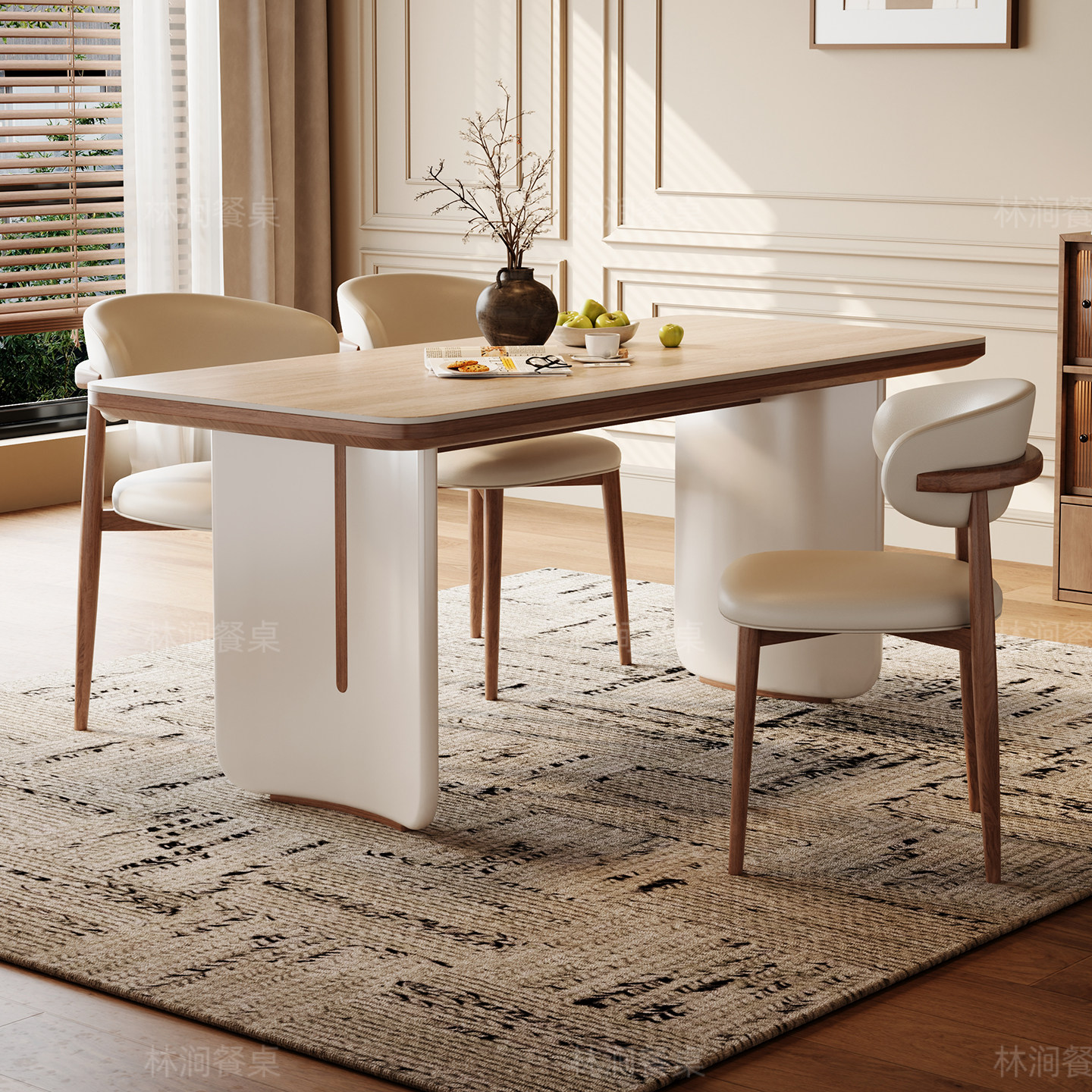 法式中古风实木岩板餐桌椅2025新款洞石家用小户型美式复古奶油系,淘宝优惠券,粉丝福利购,淘宝优惠卷