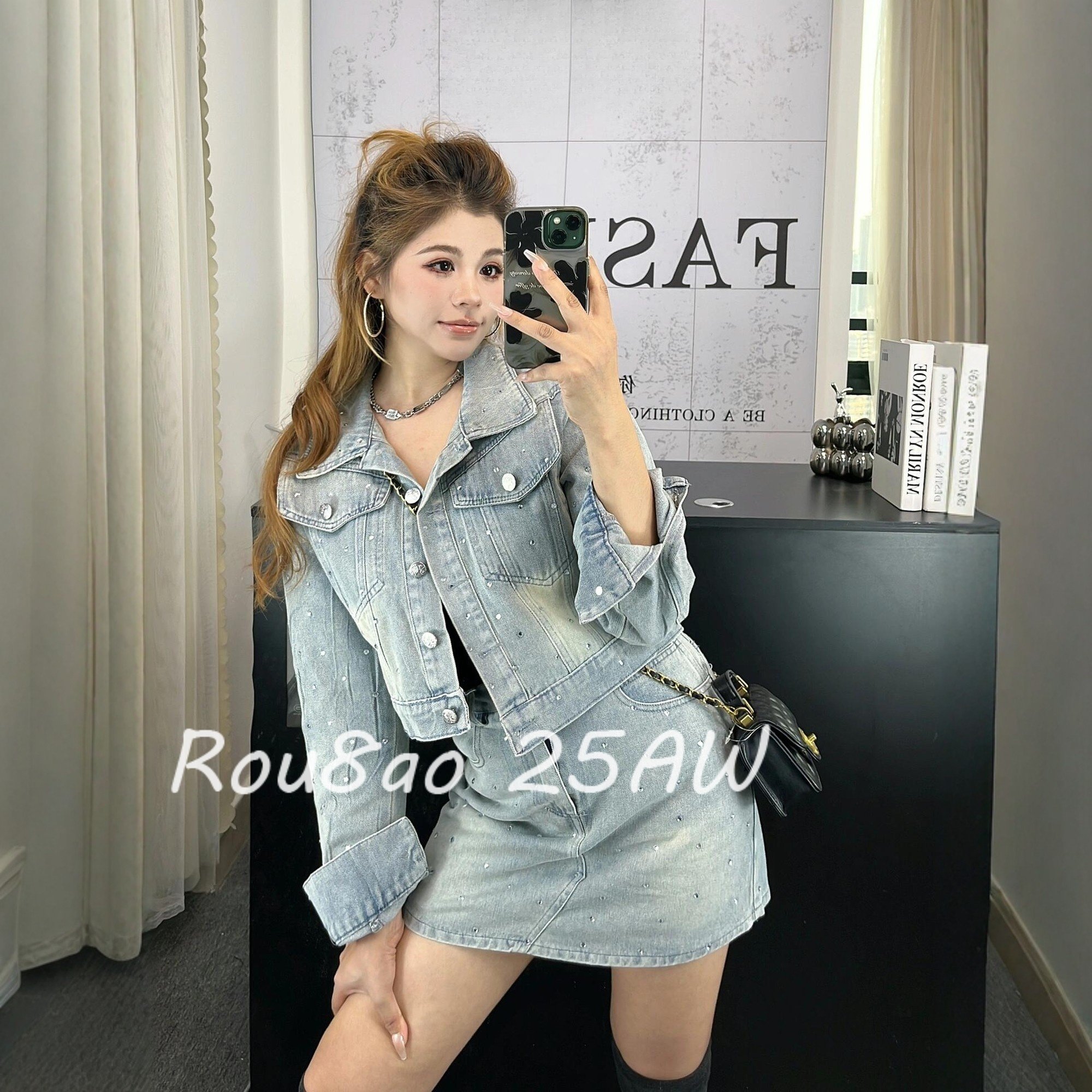 Rou8ao微胖大码女装重工烫钻牛仔复古外套高腰a字半身裤裙两件套,淘宝优惠券,粉丝福利购,淘宝优惠卷