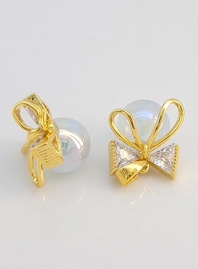 18K包金镶钻极光珍珠蝴蝶结吊坠diy串项链手链耳饰小挂件饰品配件