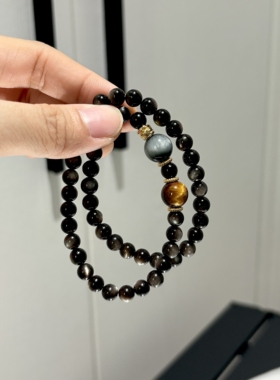 天然6咪双眼银曜石双圈黄虎眼男女水晶手串