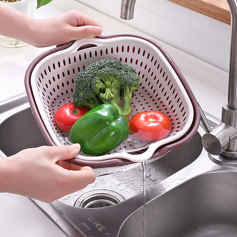 双层塑料洗菜盆沥水篮洗水果盘家用厨房镂空篮子淘米神器六三件套-图2