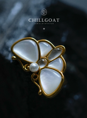 圈外羊戒指天然珍珠贝母水晶蝴蝶