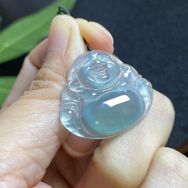 Jade A grade high ice seeded blue steel smiling Buddha female style jade pendant 0308