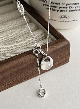 槐序HX【手提包】s925纯银白玛瑙猪鼻子项链女ins气质流苏锁骨链