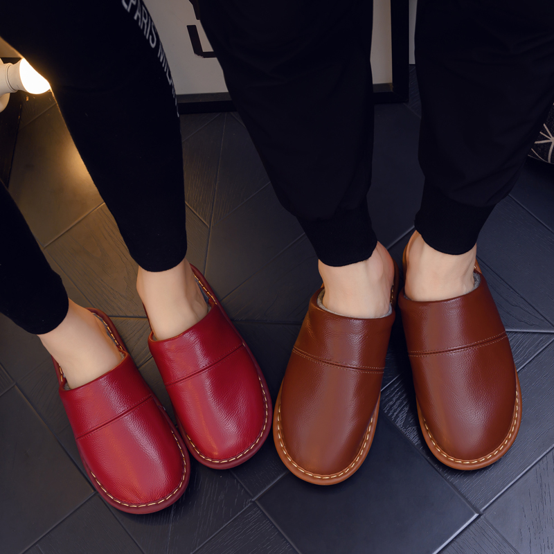 海宁真皮拖鞋居家室内女厚底防水防滑保暖家用牛皮面棉拖鞋冬季男,淘宝优惠券,粉丝福利购,淘宝优惠卷