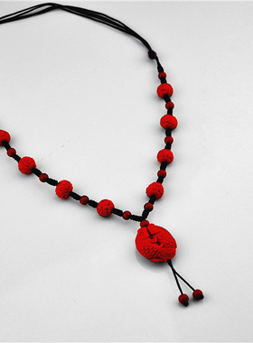 正品中国风朱砂漆雕精致女款8福珠双抱鱼毛衣链项链颈链红色转运